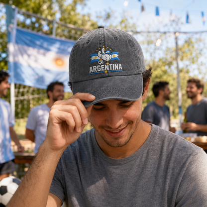 Man adjusting his cap at an outdoor sports party wearing a grey washed baseball cap with an embroidered Argentina soccer goose design