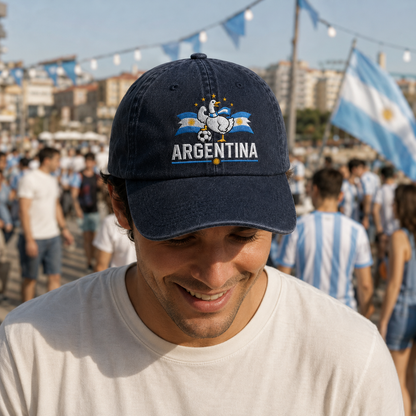 Man smiling in a crowd of fans wearing a navy washed baseball cap with an embroidered Argentina soccer goose design