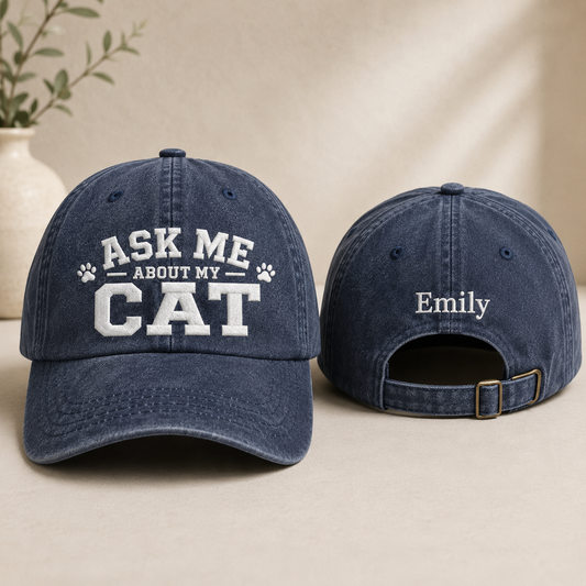 Ask Me About My Cat Embroidered Washed Cap - Washed Cap - front view