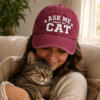 Ask Me About My Cat Embroidered Washed Cap - Washed Cap - side view