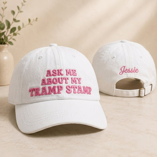 Ask Me About My Tramp Stamp Washed Cap - Washed Cap - detail