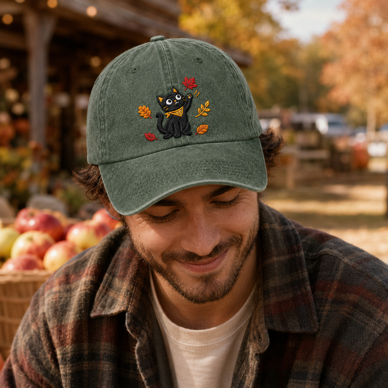 Autumn Black Cat Embroidered Washed Cap - Washed Cap - alternate angle