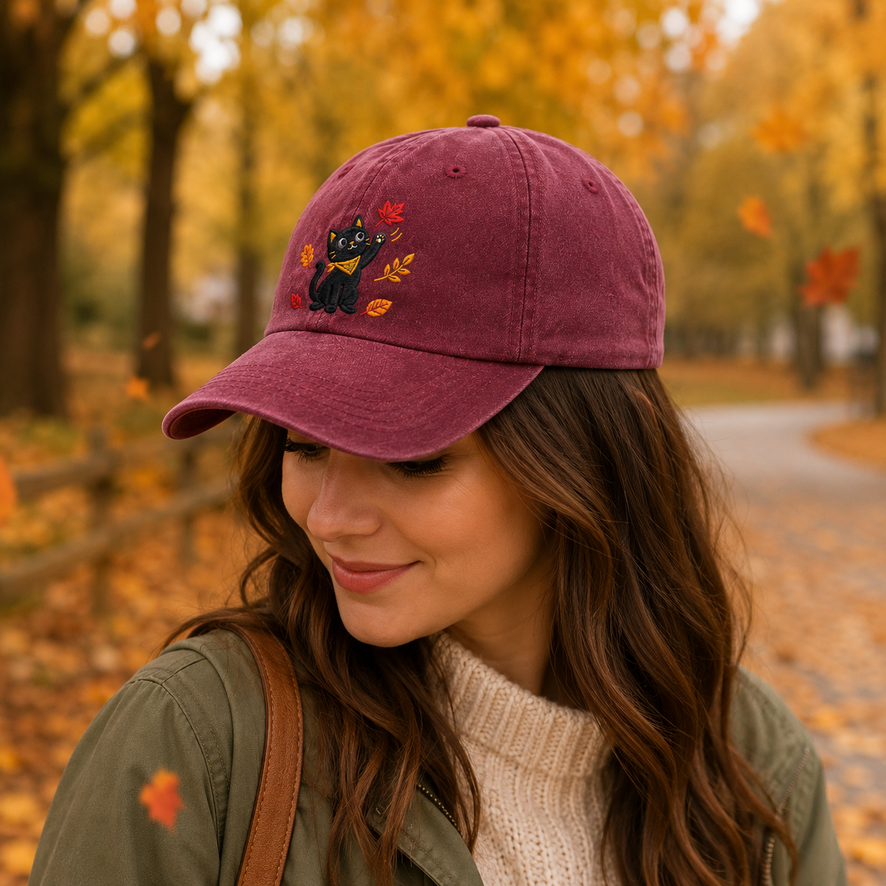 Autumn Black Cat Embroidered Washed Cap - Washed Cap - detail