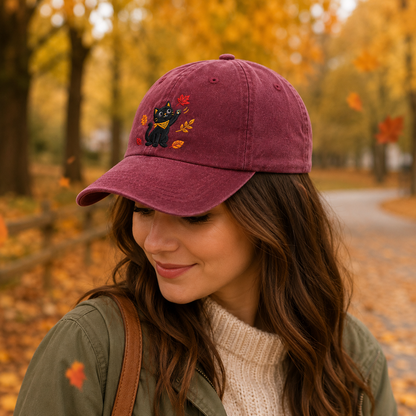 Autumn Black Cat Embroidered Washed Cap - Washed Cap - detail