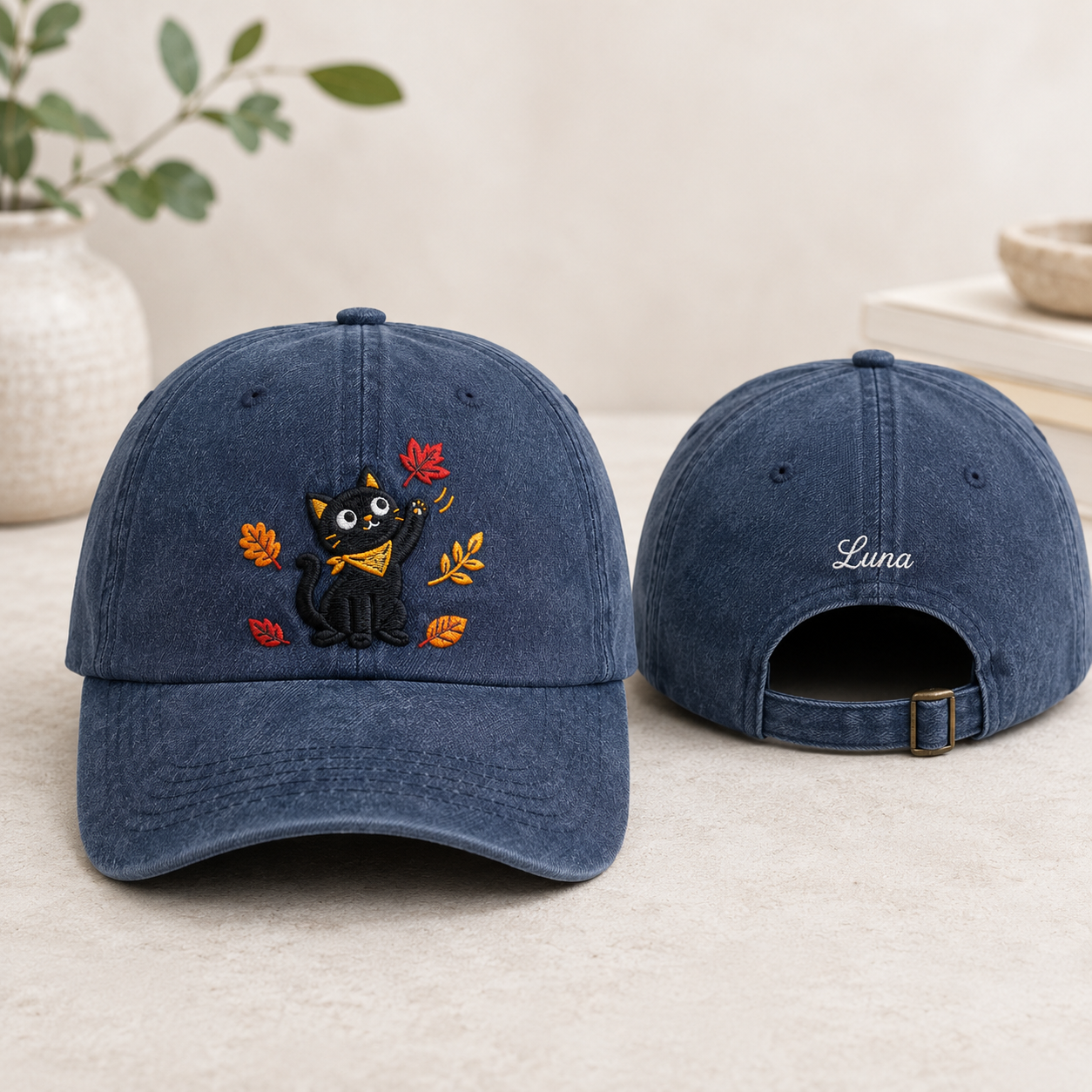 Autumn Black Cat Embroidered Washed Cap - Washed Cap - front view
