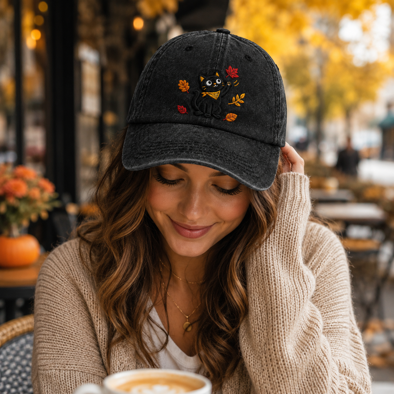Autumn Black Cat Embroidered Washed Cap - Washed Cap - lifestyle