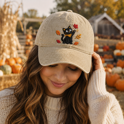 Autumn Black Cat Embroidered Washed Cap - Washed Cap - side view