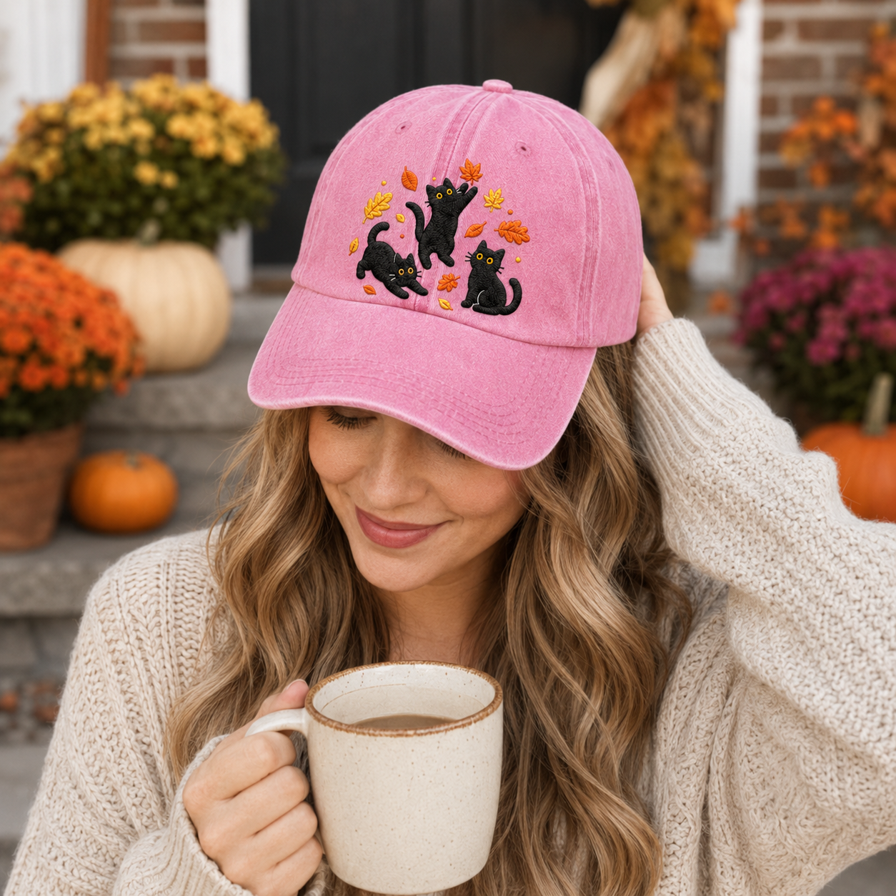 Autumn Black Cats Embroidered Washed Cap - Washed Cap - alternate angle