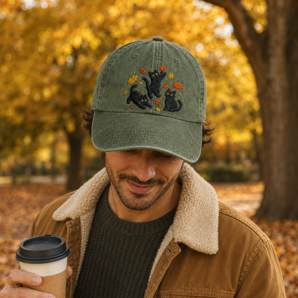 Autumn Black Cats Embroidered Washed Cap - Washed Cap - detail