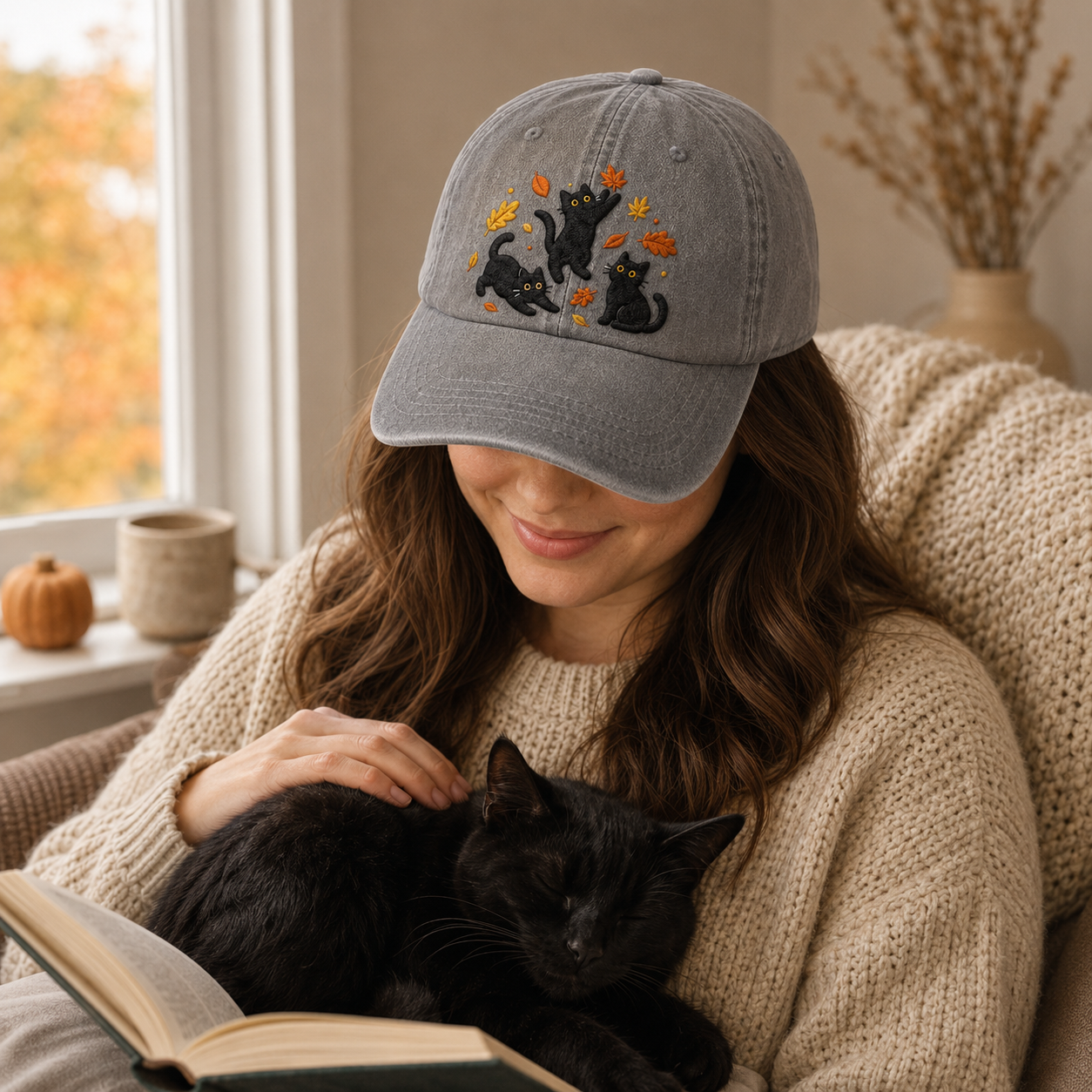 Autumn Black Cats Embroidered Washed Cap - Washed Cap - lifestyle