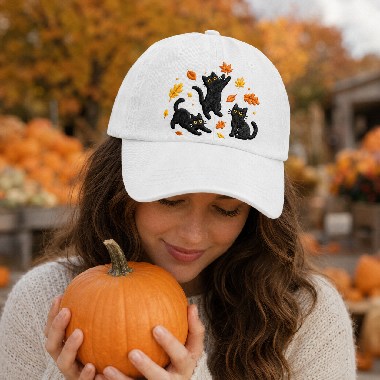 Autumn Black Cats Embroidered Washed Cap - Washed Cap - side view