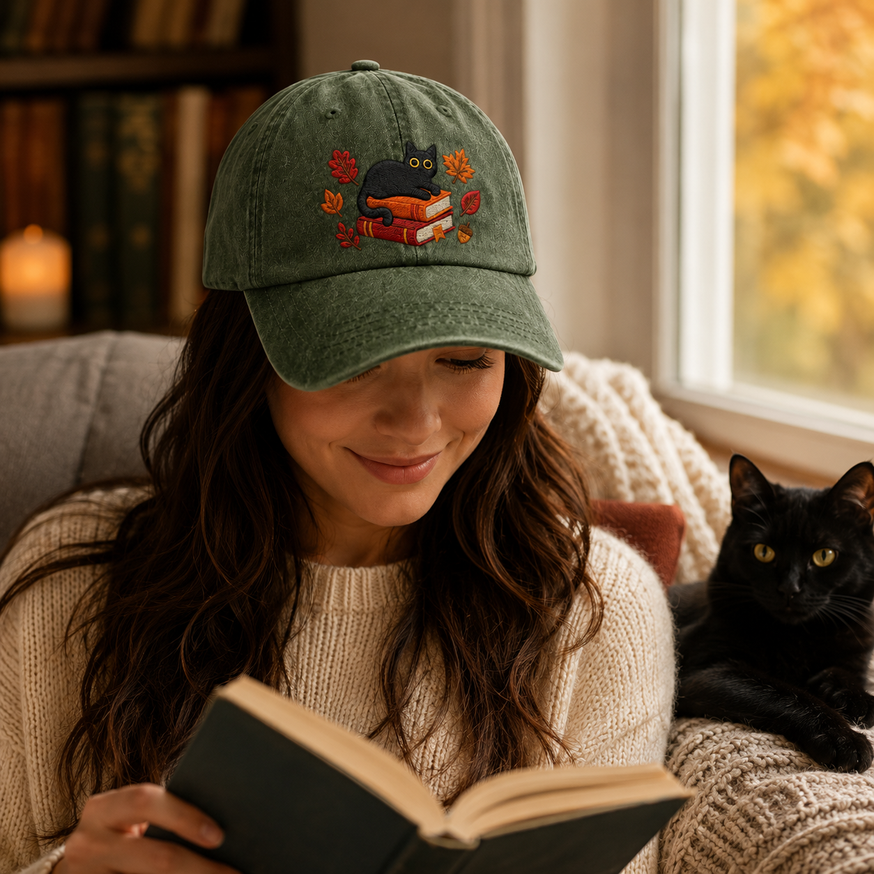 Autumn Cat Books Embroidered Washed Cap - Washed Cap - alternate angle