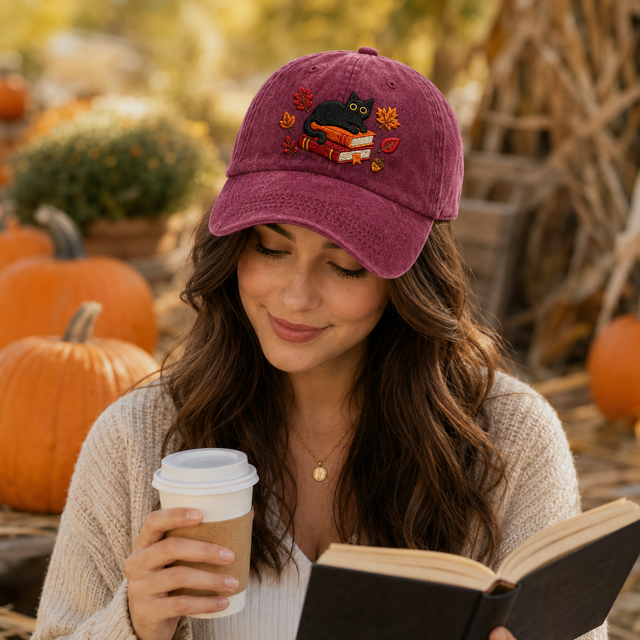 Autumn Cat Books Embroidered Washed Cap - Washed Cap - detail