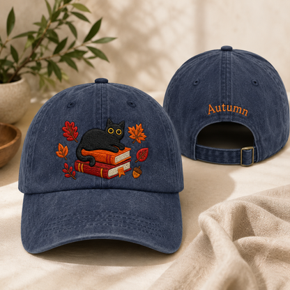Autumn Cat Books Embroidered Washed Cap - Washed Cap - front view