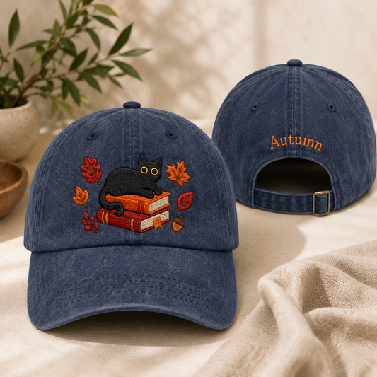Autumn Cat Books Embroidered Washed Cap - Washed Cap - front view