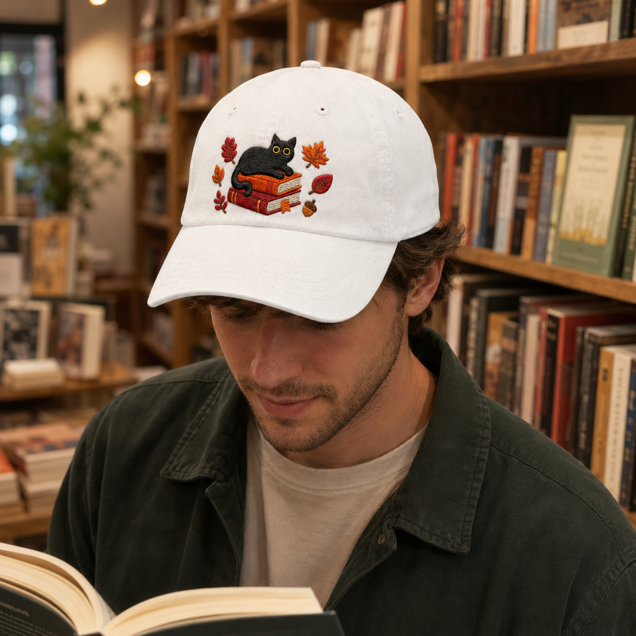 Autumn Cat Books Embroidered Washed Cap - Washed Cap - lifestyle