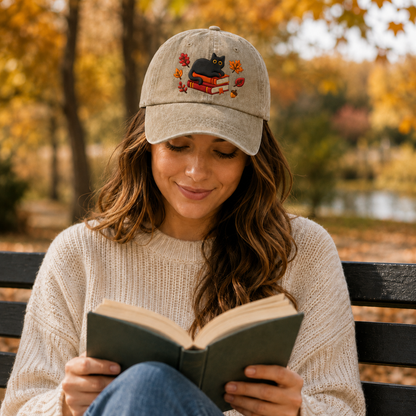Autumn Cat Books Embroidered Washed Cap 