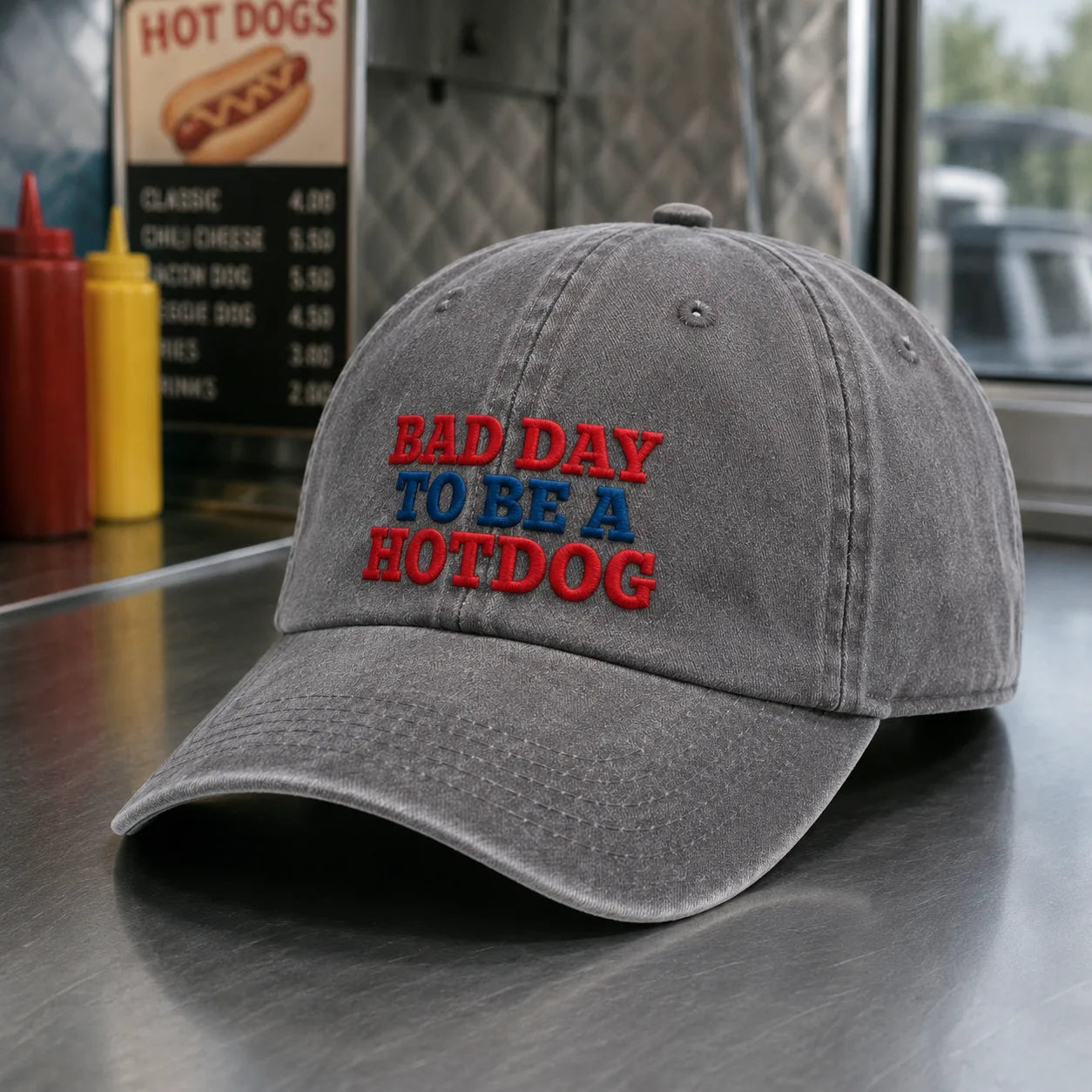 Bad Day To Be A Hotdog Washed Cap - washed cap - alternate angle