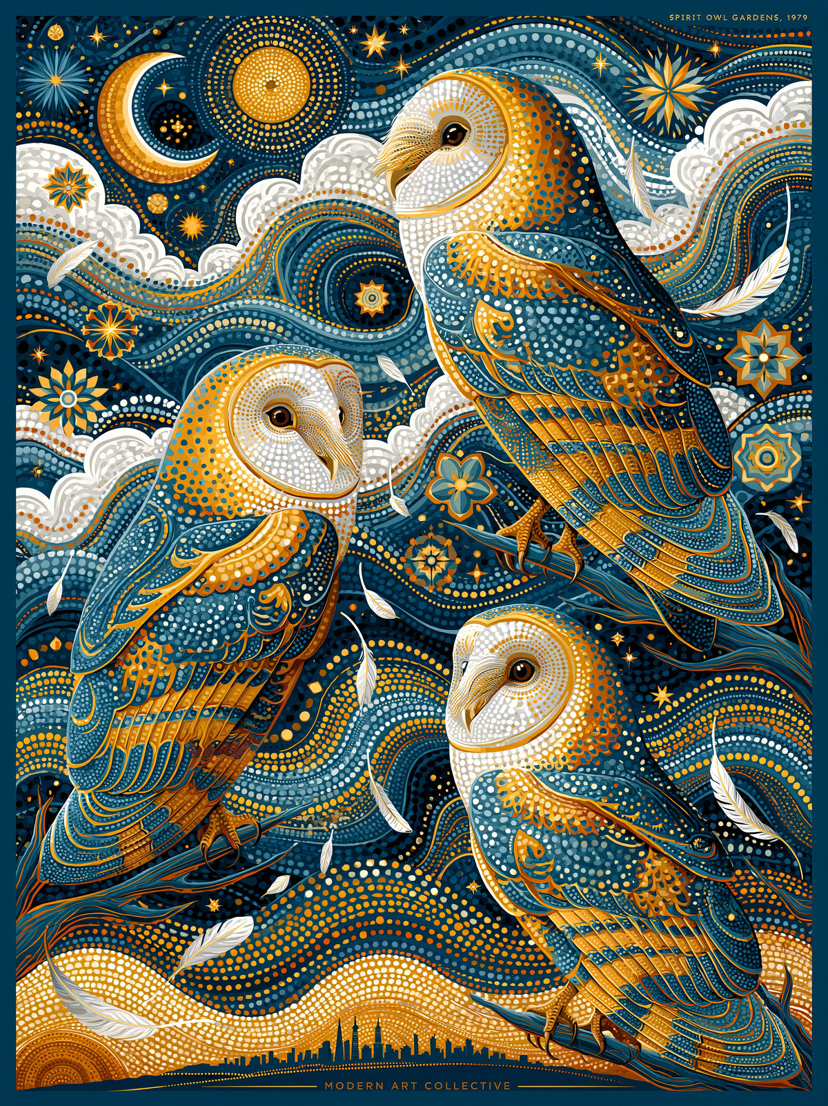 Barn Owl Celestial Poster - Wall Art Decor - front view - navy owl wall decor, celestial animal art
