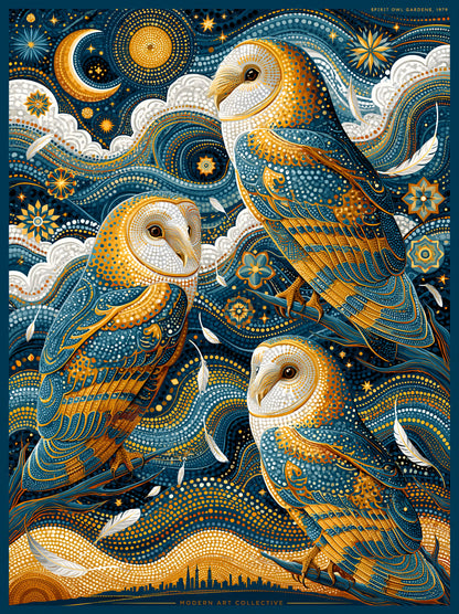 Barn Owl Celestial Poster - Wall Art Decor - front view - navy owl wall decor, celestial animal art