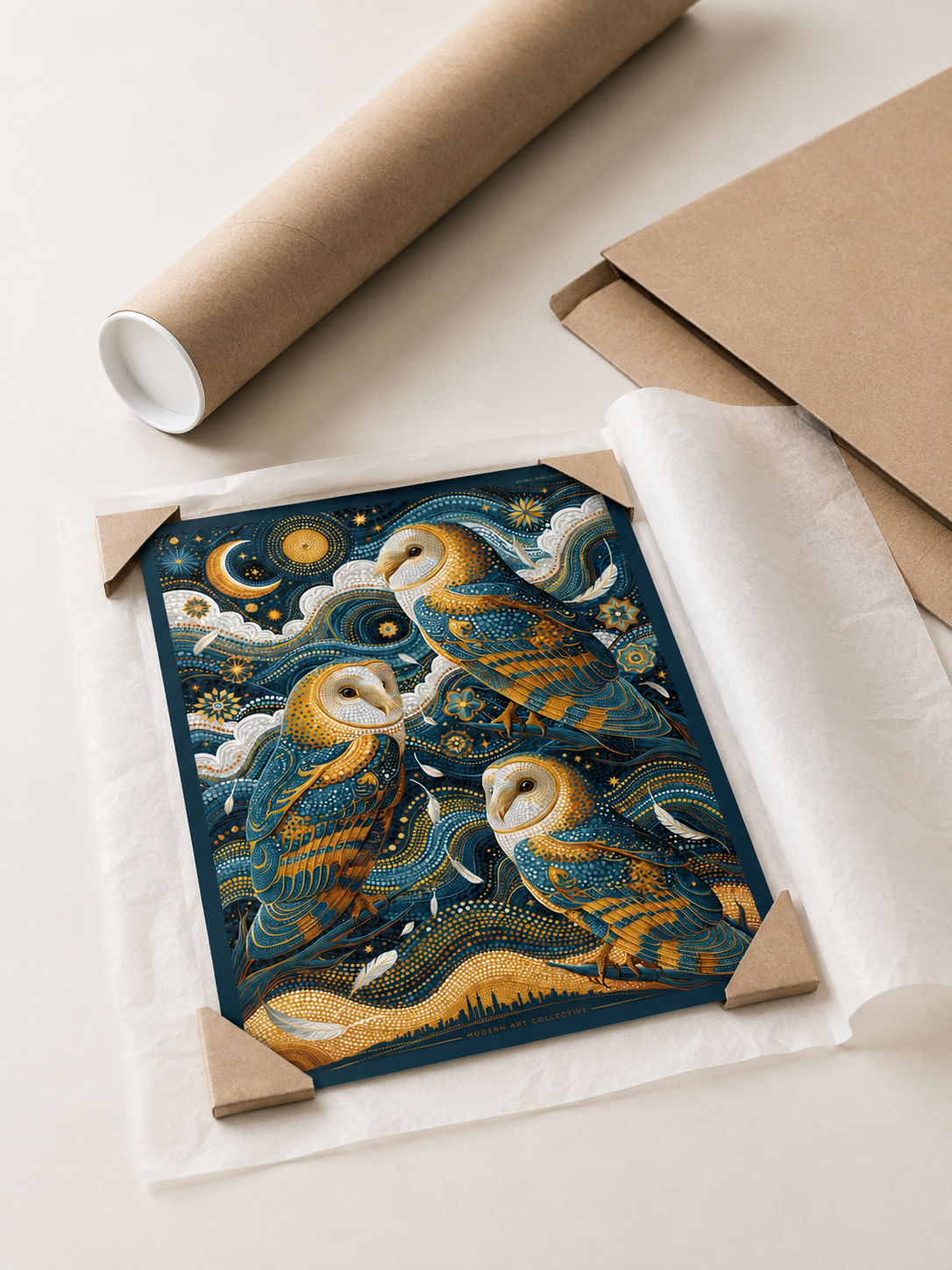 Barn Owl Celestial Poster - Wall Art Decor - close-up - navy owl wall decor, celestial animal art
