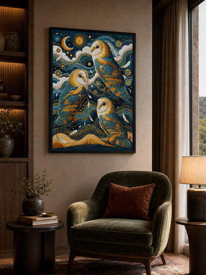 Barn Owl Celestial Poster - Wall Art Decor - alternate angle - navy owl wall decor, celestial animal art
