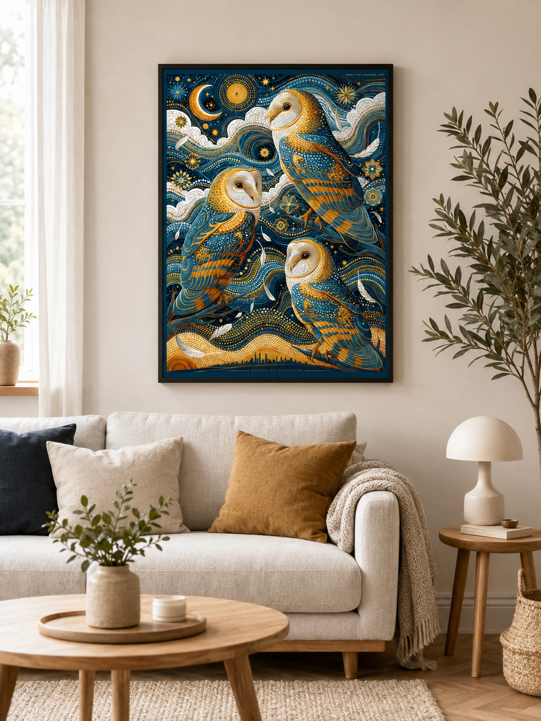 Barn Owl Celestial Poster - Wall Art Decor - detail view - navy owl wall decor, celestial animal art