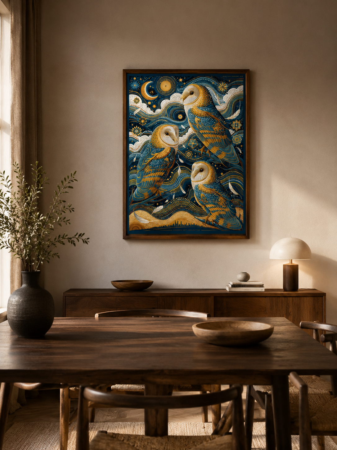 Barn Owl Celestial Poster - Wall Art Decor - lifestyle shot - navy owl wall decor, celestial animal art