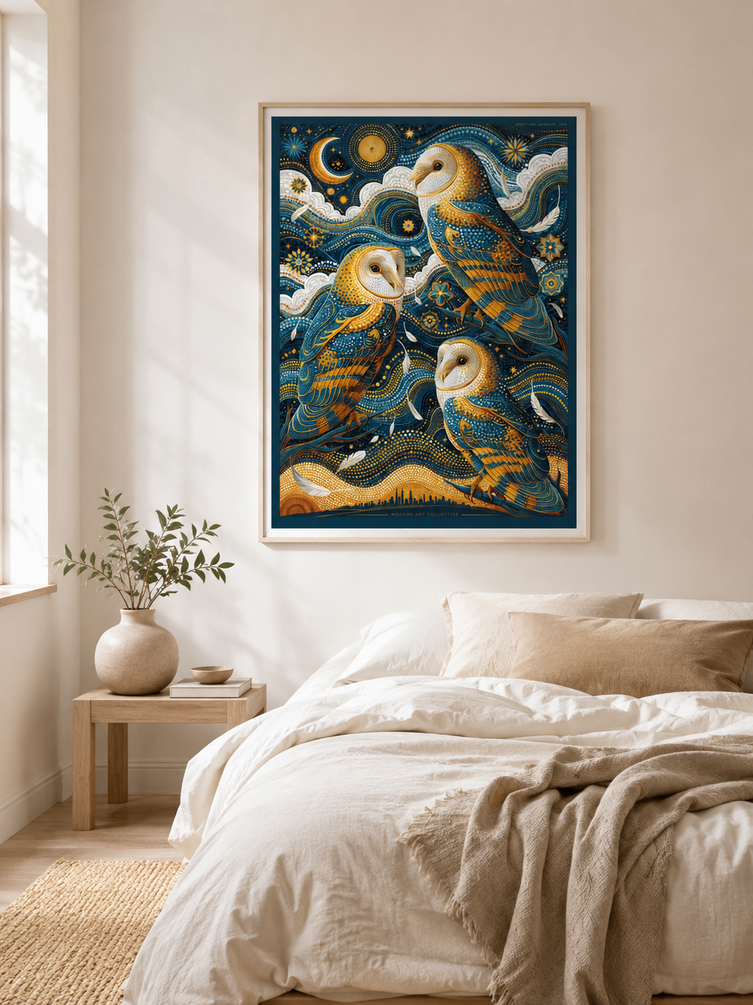Barn Owl Celestial Poster - Wall Art Decor - close-up - navy owl wall decor, celestial animal art