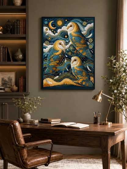 Barn Owl Celestial Poster - Wall Art Decor - alternate angle - navy owl wall decor, celestial animal art
