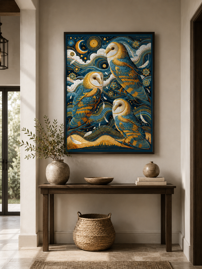 Barn Owl Celestial Poster - Wall Art Decor - packaging - navy owl wall decor, celestial animal art