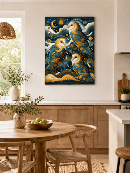 Barn Owl Celestial Poster - Wall Art Decor - front view - navy owl wall decor, celestial animal art