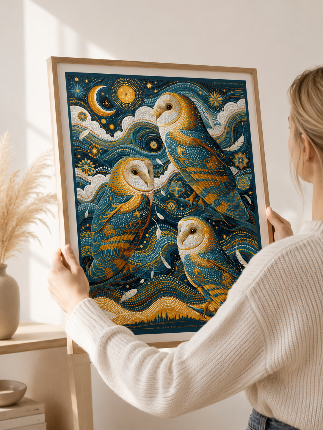 Barn Owl Celestial Poster - Wall Art Decor - detail view - navy owl wall decor, celestial animal art