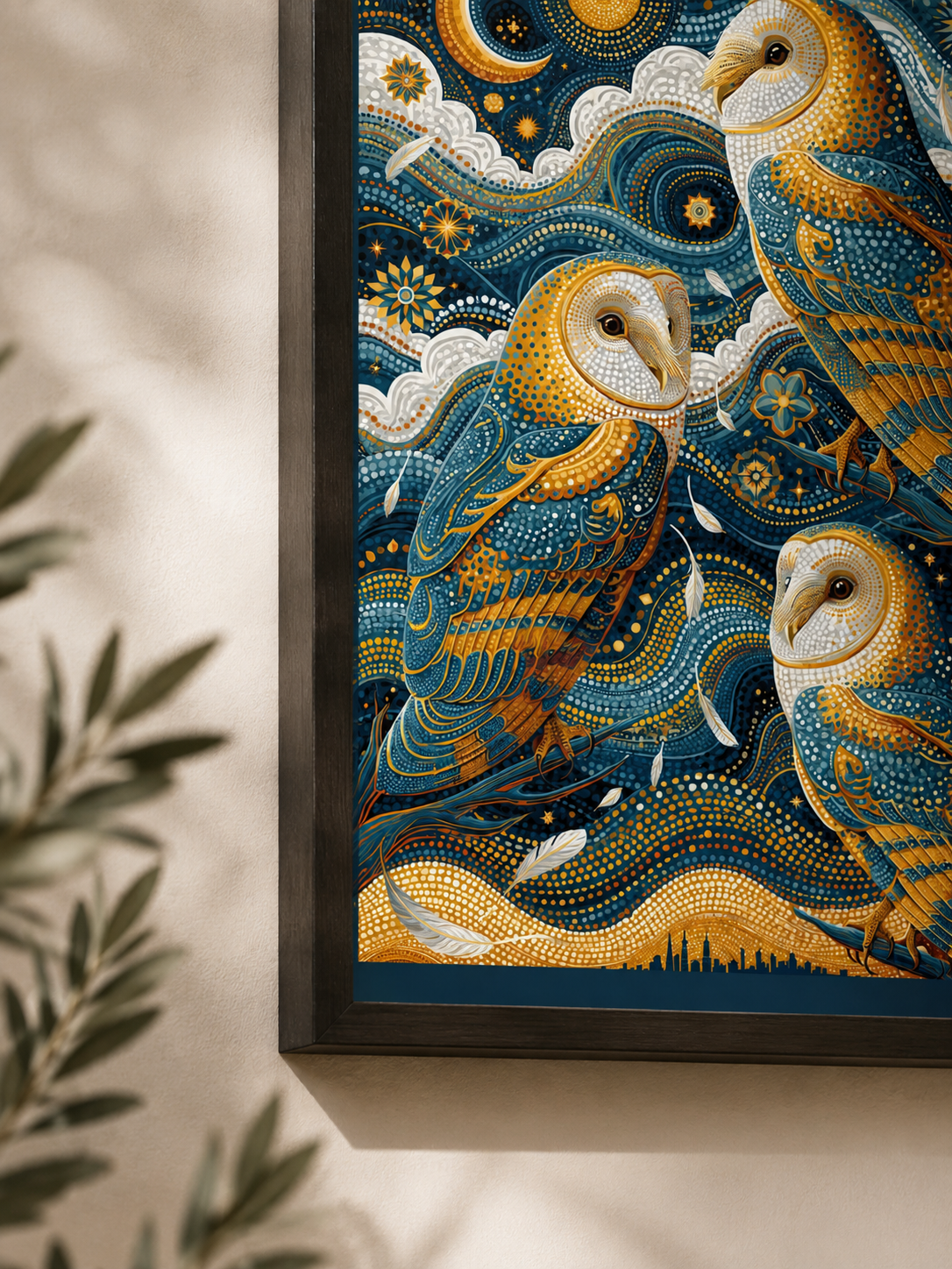 Barn Owl Celestial Poster - Wall Art Decor - lifestyle shot - navy owl wall decor, celestial animal art