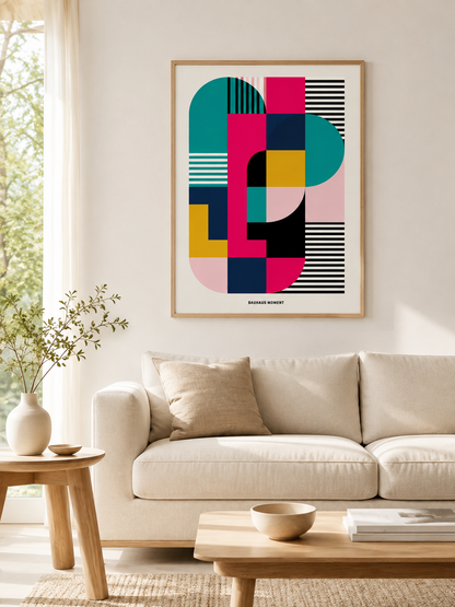Bauhaus Geométrico Póster - Wall Art Decor - detail view - bauhaus geometric wall art, teal pink art print