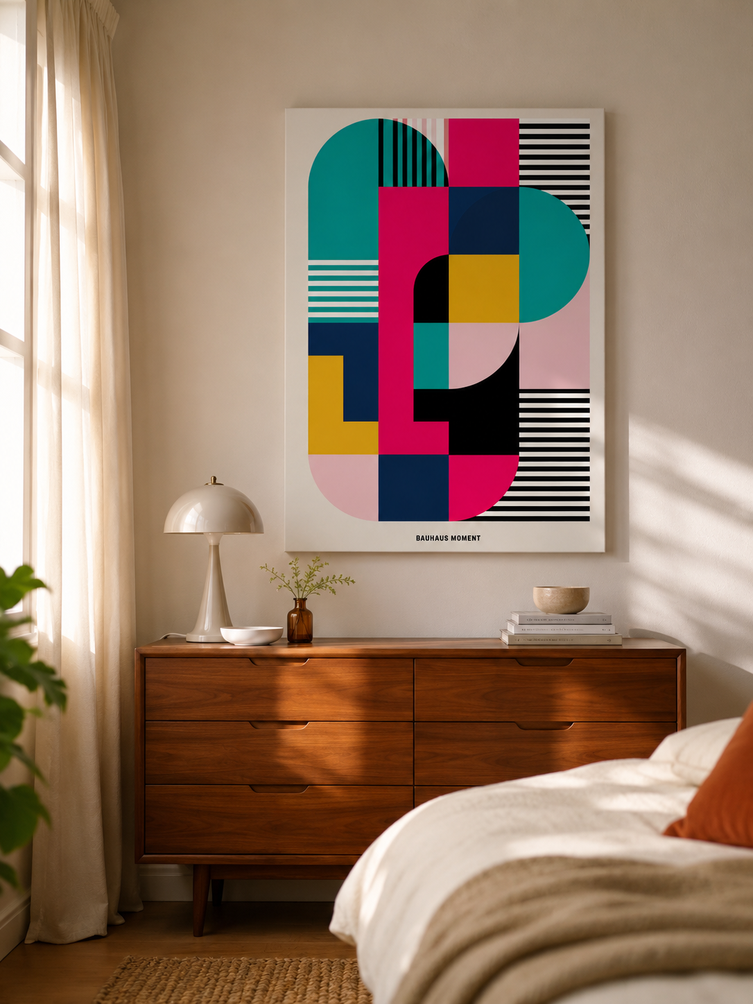 Bauhaus Geométrico Póster - Wall Art Decor - lifestyle shot - bauhaus geometric wall art, teal pink art print