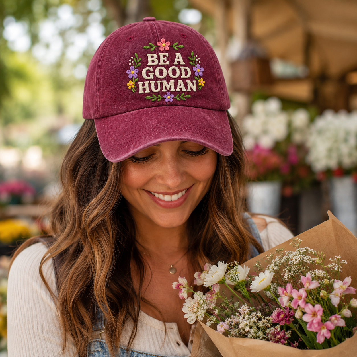 Be A Good Human Embroidered Washed Cap - Washed Cap - side view