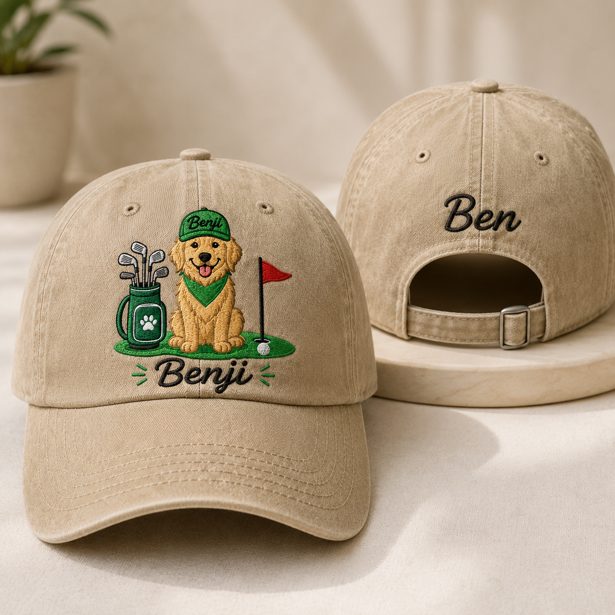 Benji Golf Dog Embroidered Washed Cap - Washed Cap - front view