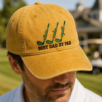 Best Dad By Par Golf Cap Personalized Kids Names Hat - washed cap - side view