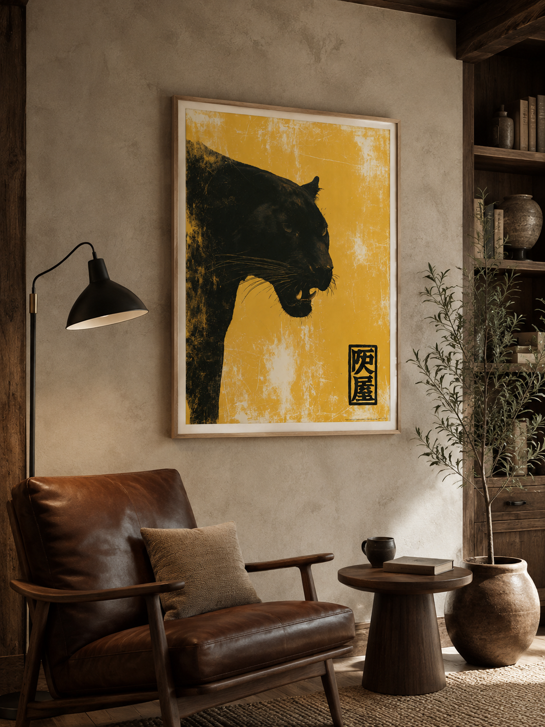 Black Big Cat Wall Art - Wall Art Decor - close-up - mustard animal poster, vintage animal art