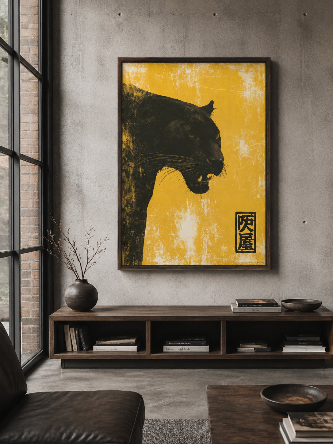 Black Big Cat Wall Art - Wall Art Decor - alternate angle - mustard animal poster, vintage animal art