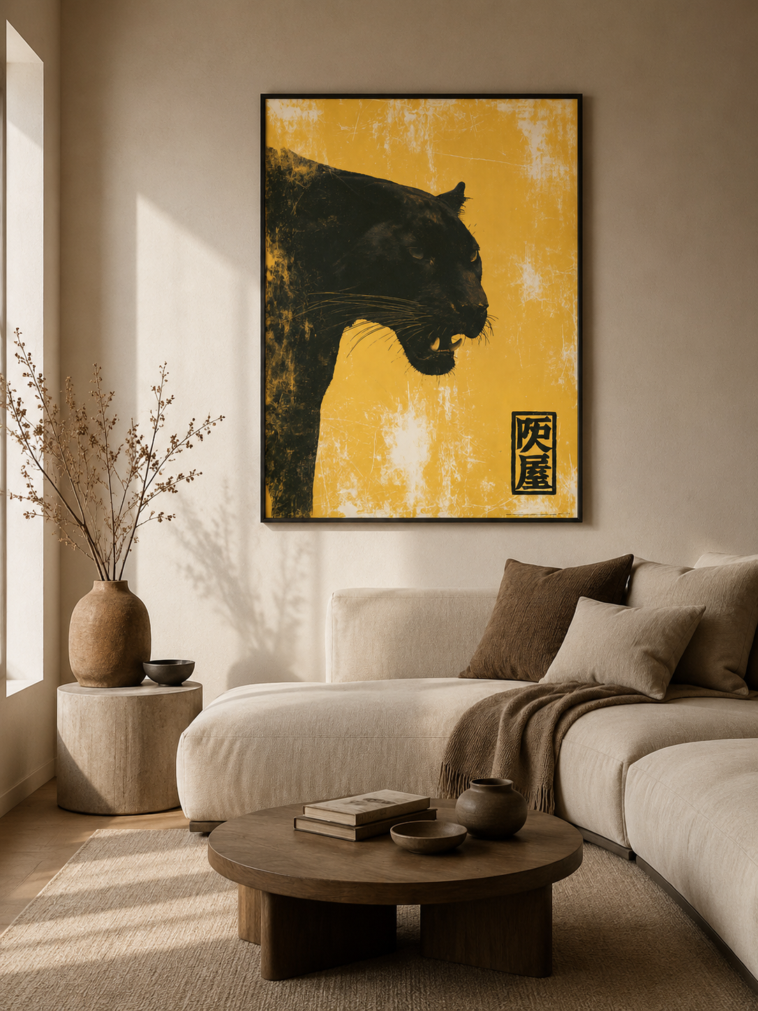 Black Big Cat Wall Art - Wall Art Decor - detail view - mustard animal poster, vintage animal art