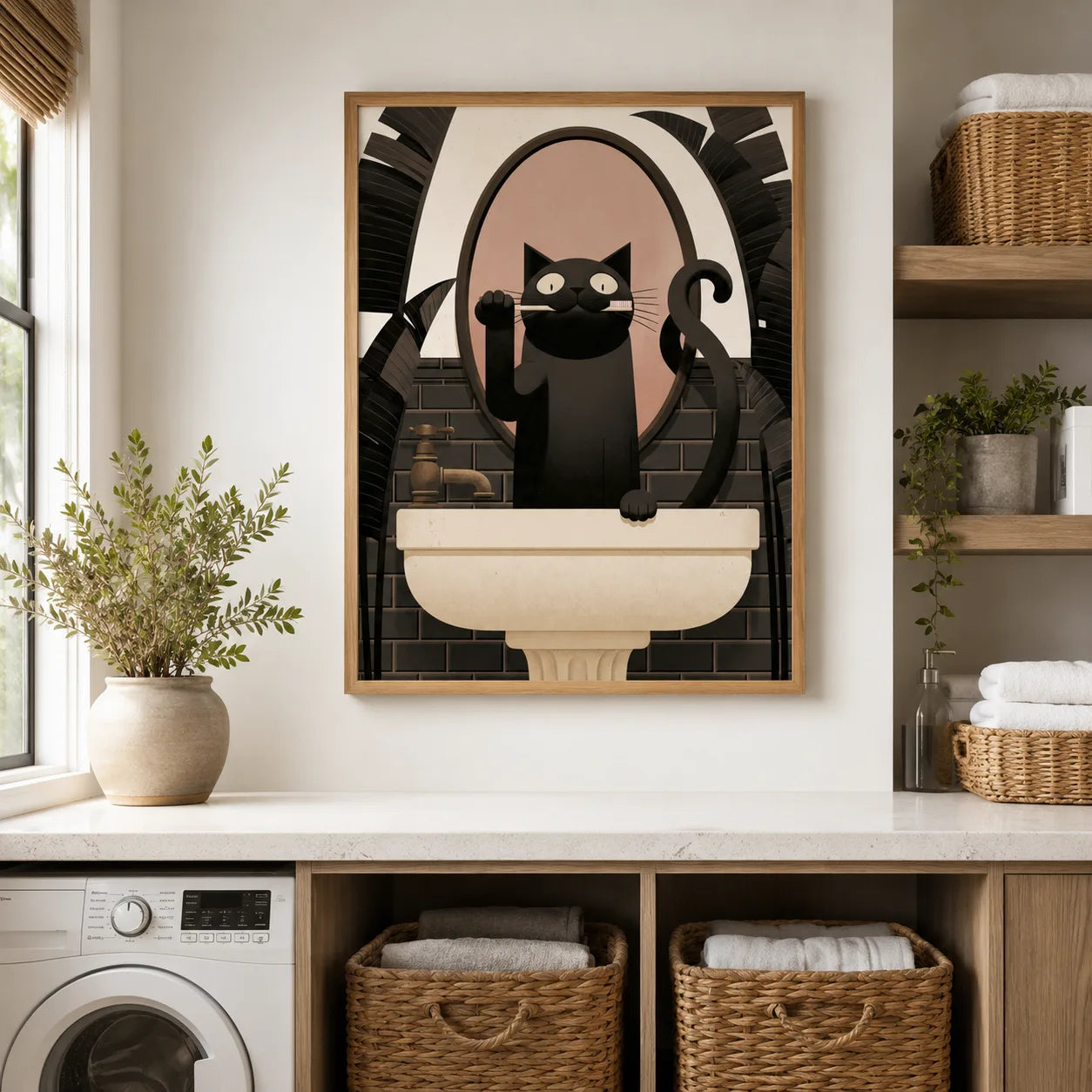 Black Cat Brushing Teeth Wall Art Decor - Wall Art Decor - alternate angle