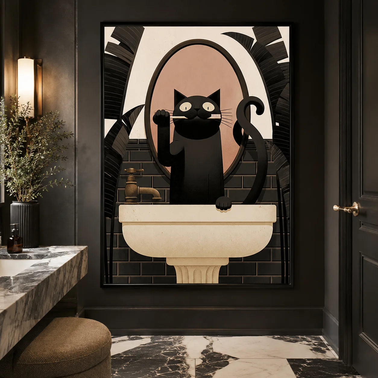 Black Cat Brushing Teeth Wall Art Decor - Wall Art Decor - close up