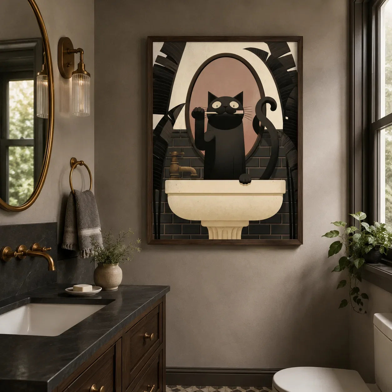 Black Cat Brushing Teeth Wall Art Decor - Wall Art Decor - detail