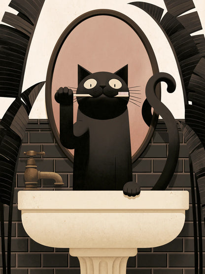 Black Cat Brushing Teeth Wall Art Decor - Wall Art Decor - front view