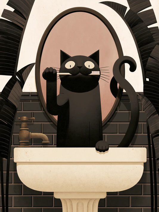 Black Cat Brushing Teeth Wall Art Decor - Wall Art Decor - front view