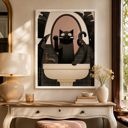 Black Cat Brushing Teeth Wall Art Decor - Wall Art Decor - in use