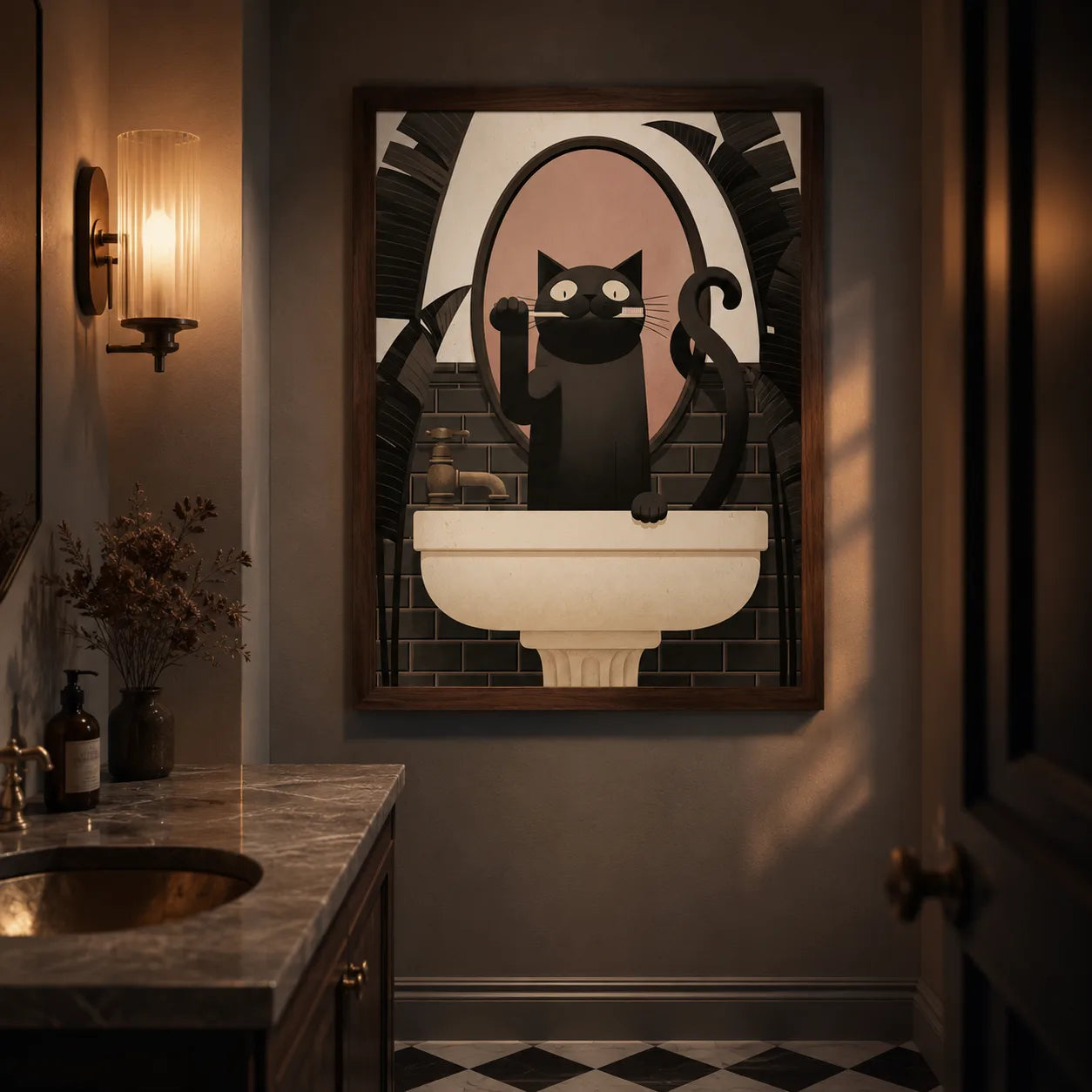 Black Cat Brushing Teeth Wall Art Decor - Wall Art Decor - lifestyle