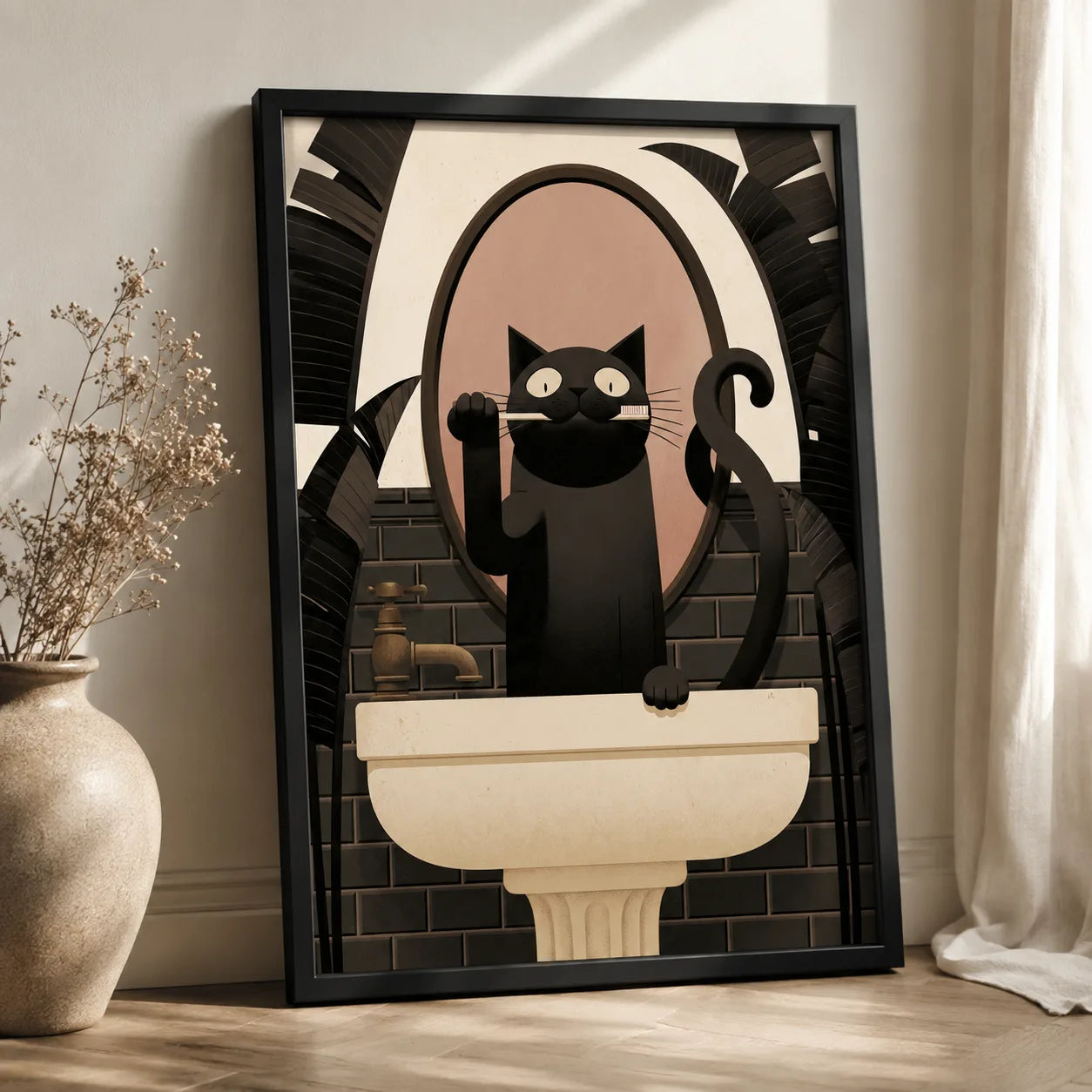Black Cat Brushing Teeth Wall Art Decor - Wall Art Decor - side view